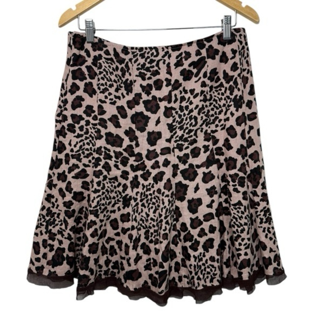 Vintage Y2K Linen Silk Leopard Print Mini Skirt Size 6 Brown Tan Animal Print